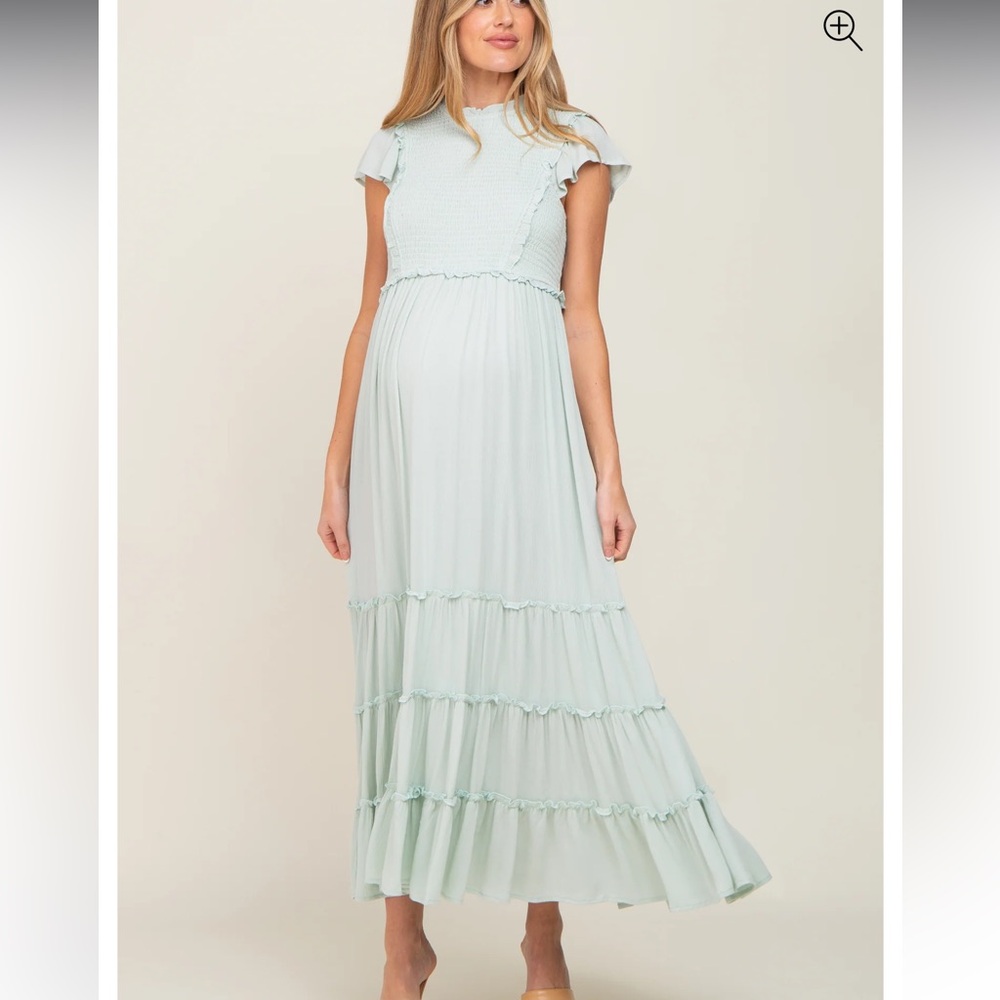 Pink Blush Maternity Smocked Ruffle Accent Tiered Maxi Dress Size large Mint